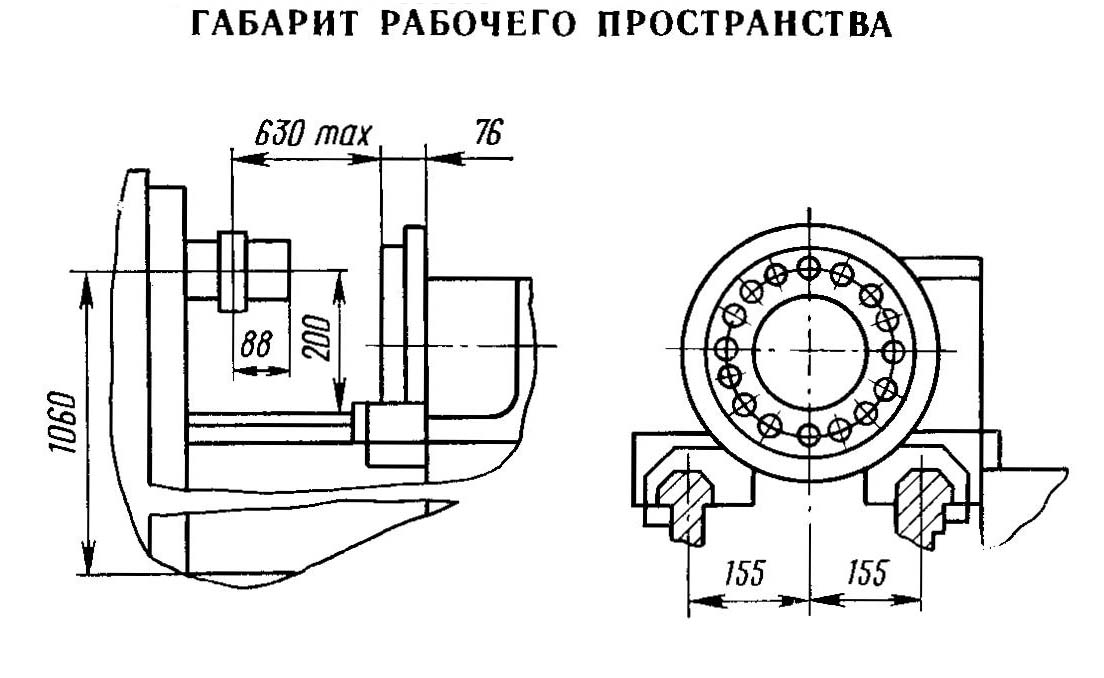 Габарит робочого простору токарного револьверного верстата 1Г340П, 1Г340 1Г340П, 1Г340 Габарит робочого простору токарно-револьверного верстата